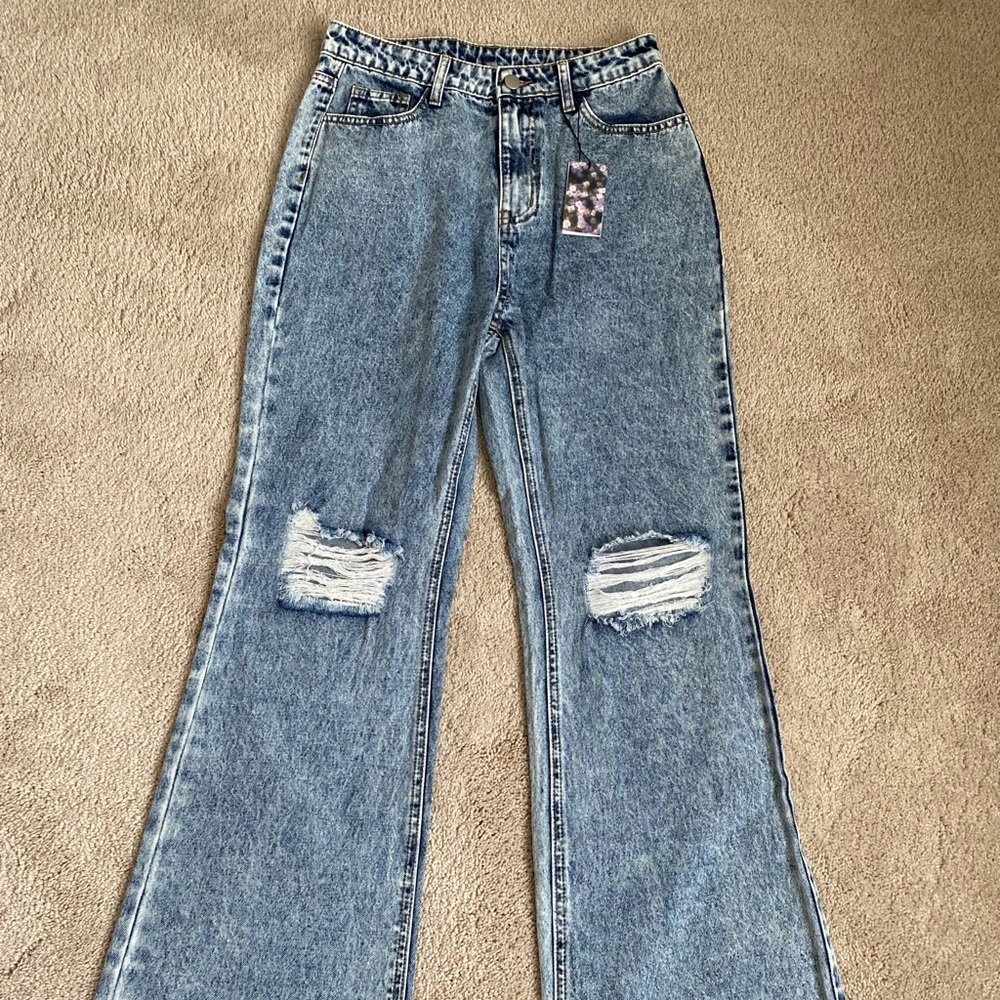 Cute Cider distressed washed wide leg/flare jeans, size M